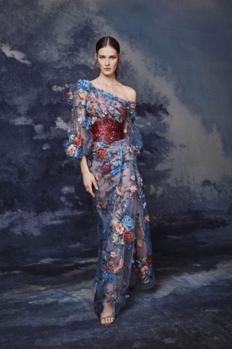 Blue tulle dress with 3D flowers Marchesa fall 2020 RTW