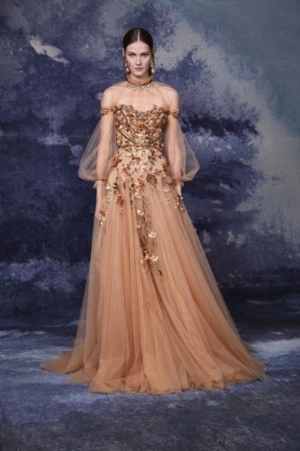 Bronze tulle dress with embroidery Marchesa fall 2020 RTW