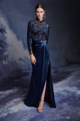 Deep blue lace dress with velvet asymmetric long skirt Marchesa fall 2020 RTW