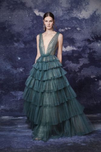 Emerald green long dress with fluffy tiered skirt Marchesa fall 2020 RTW