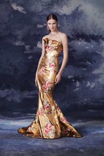 Golden satin dress with rose prints Marchesa fall 2020 RTW
