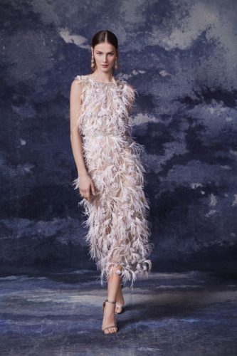 Nude dress with white feathers Marchesa fall 2020 RTW