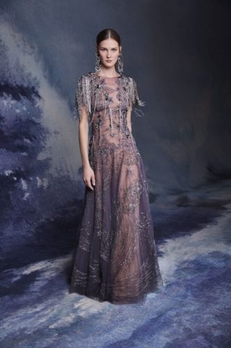 Nude tulle dress with grey trim Marchesa fall 2020 RTW