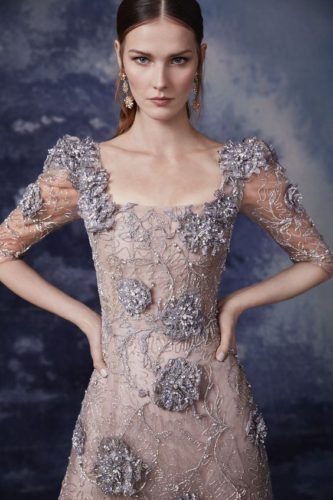 Nude tulle dress with silver trim Marchesa fall 2020 RTW