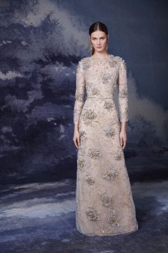 Nude tulle dress with silver trim and embroidery Marchesa fall 2020 RTW
