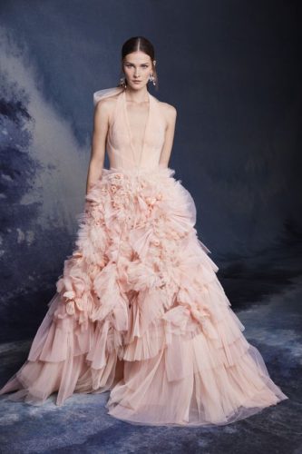 Pile rose long dress with fluffy skirt Marchesa fall 2020 RTW