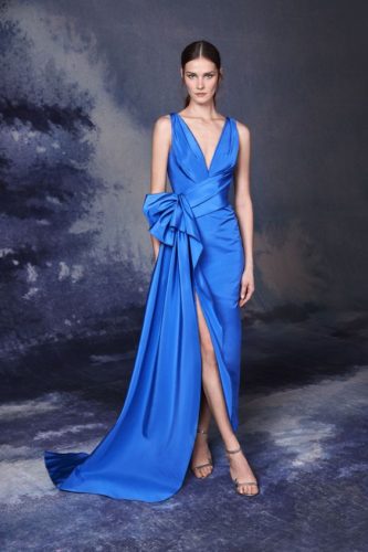 Satin blue long dress Marchesa fall 2020 RTW