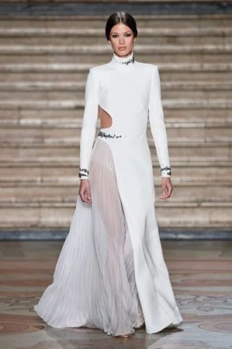 White dress with symmetric pleated skirt Antonio Grimaldi Spring 2020 Couture