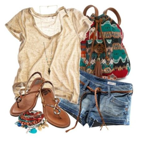 Polyvore shorts outfit ootd with boho bag