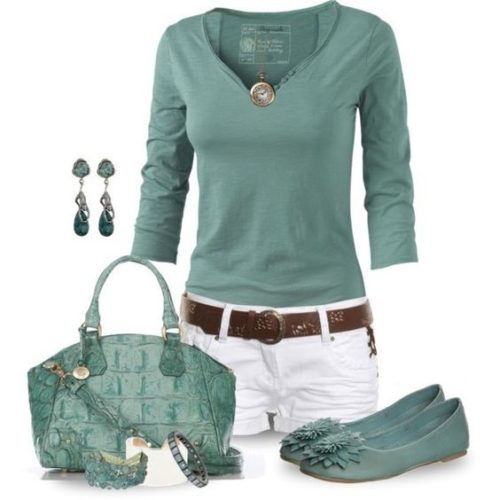 Summer white shorts outfit with green top