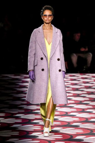 Lilac coat over yellow dress Miu Miu Fall Winter 2020 Collection