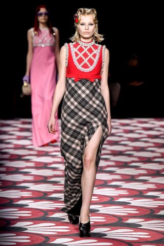 Long dress with red top and plaid skirt Miu Miu Fall Winter 2020 Collection