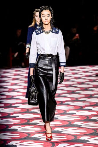Marine blouse and black leather pencil skirt Miu Miu Fall Winter 2020 Collection