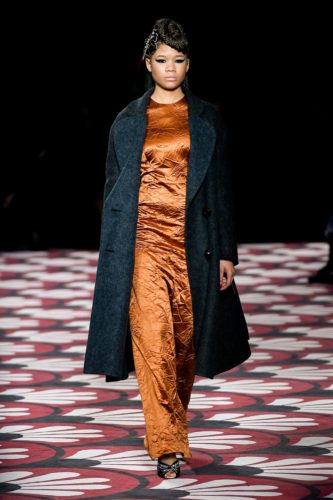 Orange wrinkled silk dress and black coat Miu Miu Fall Winter 2020 Collection