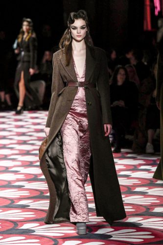 Pile rose wrinkled silk long dress with blown woolen coat Miu Miu Fall Winter 2020 Collection