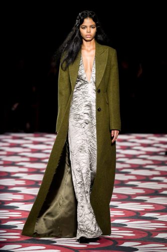 Silver wrinkled silk long dress with olive fishtail coat Miu Miu Fall Winter 2020 Collection