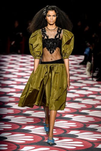 Transparen bodice with olive sleeves and skirt Miu Miu Fall Winter 2020 Collection