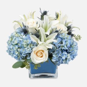 azure white roses and lilies bouquet