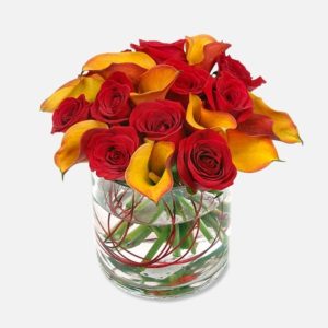 orange callas and red roses bouquet