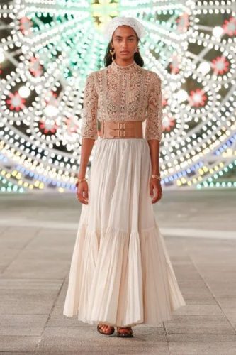 Beige lacy blouse and long white skirt Christian Dior Resort 2021