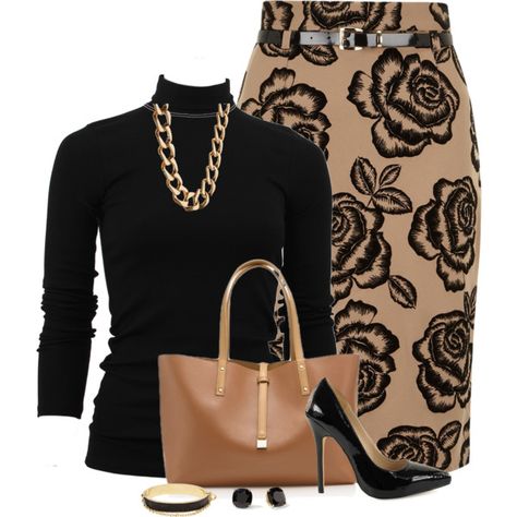 Smart casual polyvore withter outfit with beige floral skirt