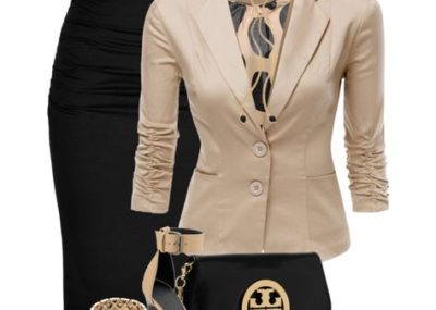 Smart casual polyvore withter outfit with beige jacket and black skirt