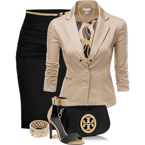 Smart casual polyvore withter outfit with beige jacket and black skirt