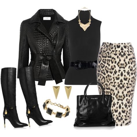 Smart casual polyvore withter outfit with black leather jacket and animal print skirt