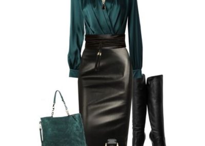 Smart casual polyvore withter outfit with black leather skirt and obi belt