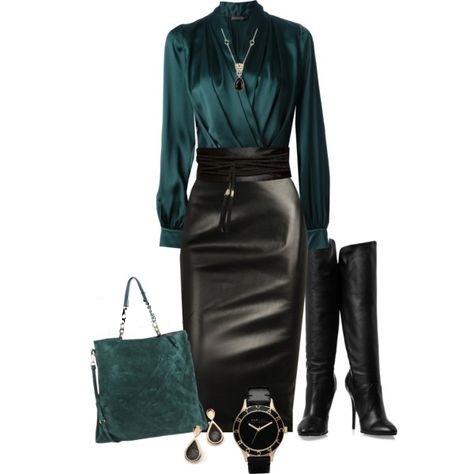 Smart casual polyvore withter outfit with black leather skirt and obi belt