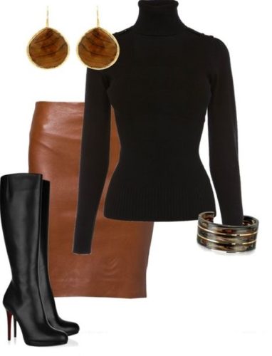 Smart casual polyvore withter outfit with black sweater and leather skirt