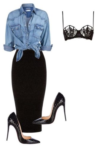 Smart casual polyvore withter outfit with denim shirt and black long skirt