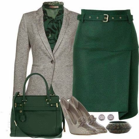 Smart casual polyvore withter outfit with green skirt