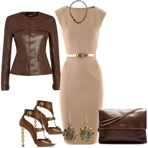 Smart casual polyvore withter outfit with leather jacket and beige dress