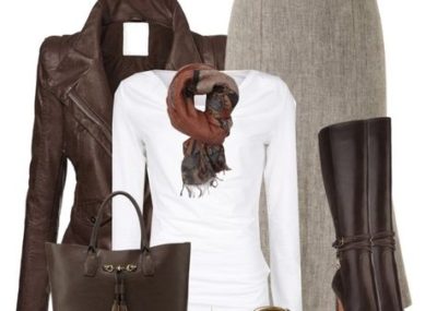 Smart casual polyvore withter outfit with leather jacket and woolen skirt