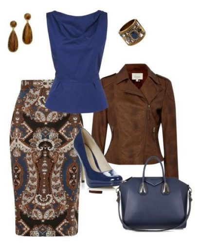 Smart casual polyvore withter outfit with skirt in brown blue tones