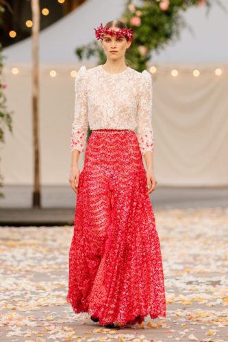 White blouse and red tiered skirt Chanel Spring 2021 Couture Collection