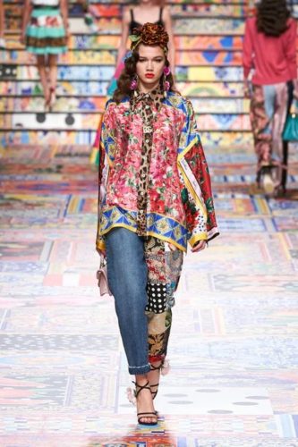 Colorful silk blouse and jeans Dolce & Gabbana Spring 2021