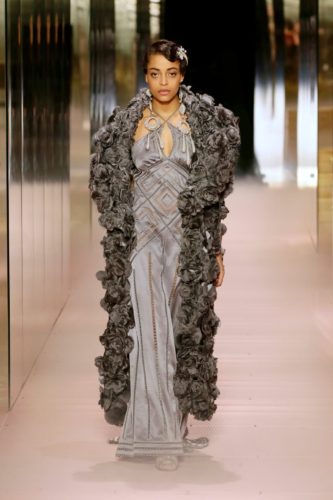 Grey long dress with coat Fendi Spring 2021 Couture fashion