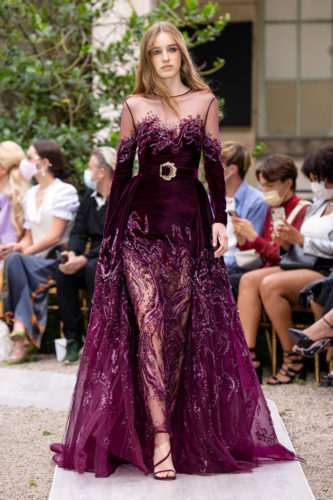Burgundy lace dress Zuhair Murad Fall Winter 2021 Couture Collection