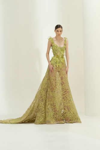 Apple green semitransparent long drerss Elie Saab Fall Winter 2021 Couture Collection