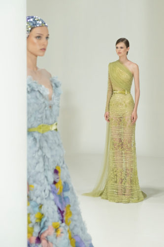 Apple green semitransparent long dress Elie Saab Fall Winter 2021 Couture Collection