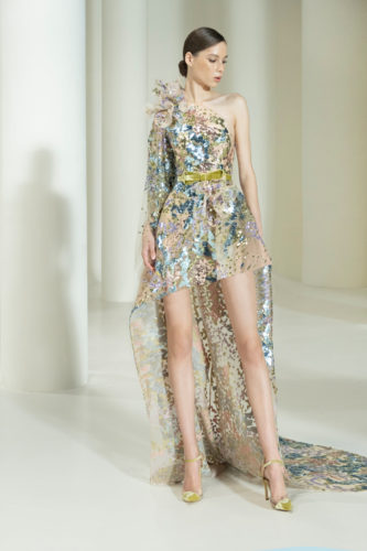 Beige blue shimmered short dress Elie Saab Fall Winter 2021 Couture Collection