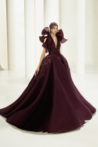 Burgundy gown Elie Saab Fall Winter 2021 Couture Collection