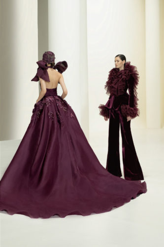 Burgundy gown and velvet pantsuit Elie Saab Fall Winter 2021 Couture Collection