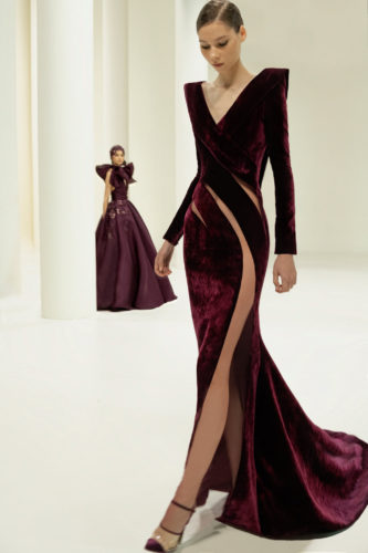 Burgundy long dress Elie Saab Fall Winter 2021 Couture Collection