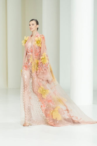 Pose and yellow gown Elie Saab Fall Winter 2021 Couture Collection
