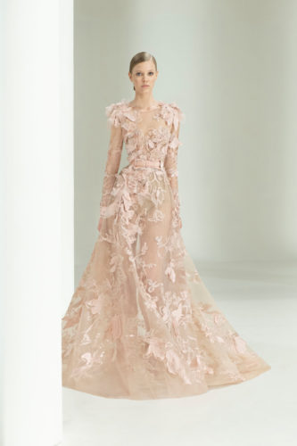 Powder semitransparent long dress Elie Saab Fall Winter 2021 Couture Collection