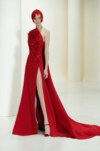 Red asymmetrical long dress Elie Saab Fall Winter 2021 Couture Collection