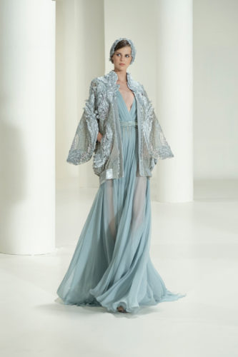 Sky blue long dress with jacket Elie Saab Fall Winter 2021 Couture Collection